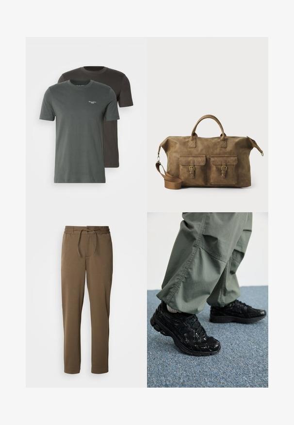 Divas īsajiem piedurkņu T-krekliem, viens tumši zaļš un otrs tumši pelēks, izgatavoti no kokvilnas, ar apaļu kakla izgriezumu un smalku logo detaļu.; Brūni, sašaurināti treniņbikses ar elastīgu jostu un auklu. Mīksta, gluda tekstūra, tai ir sānu kabatas un vienkāršs dizains.; Melni sporta apavi ar spīdīgu un sieta tekstūru, ar biezu zoli un auklām, kombinēti ar brīvām olīvzaļām kravas biksēm.; Brūns ādas ceļojumu soma ar diviem priekšējiem kabatām, regulējamu plecu siksnu, zelta detaļām un stingrām augšējām rokturiem. Gluda tekstūra.