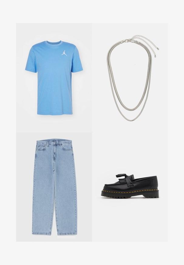 Jordan JUMPMAN CREW - T-paita - legend blue/white; Vaaleansiniset farkut suoran lahkeen muotoilulla, joissa on puolivälin vyötärö, viisi taskua sekä nappi- ja vetoketjusuljenta.; Musta nahkakengät, joissa on tupsuakkentti, paksu musta pohja ja keltainen ommel reunassa. Rakeinen pinta.; Kolmikerroksinen hopeametallinen kaulakoru, jossa on tyylikkäitä, joustavia ketjuja, joissa on hieno kiilto. Kaulakoru on kiinnitetty hummerilukolla ja siinä on säädettävä ketju.