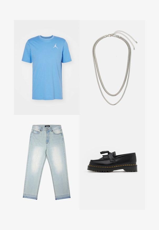 Jordan JUMPMAN CREW - T-shirts basic - legend blue/white; Pegador BARROW - Loose-jeans - sand washed blue; Sort læderloafer med en frynsedetalje, der har en kraftig sort sål og gul syninger langs kanten. Teksturert overflade.; Tre-lags sølvmetal halskæde med slanke, flexible kæder med en let glans, sikret med en hummerlås og justerbar kæde.