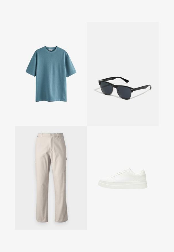 Short-sleeve, crew neck t-shirt in soft, textured blue fabric. Relaxed fit with straight hem and no visible logos or patterns.; Beige cargo pants made of sturdy cotton with straight legs, front button closure, and side pockets for utility. Smooth texture with subtle stitching.; White sneaker with a smooth leather upper, flat laces, and a thick rubber sole. Minimalist design features subtle stitching and seamless accents.; Black sunglasses with a rectangular shape, dark lenses, silver accents at the temples, and a matte finish on the frame.