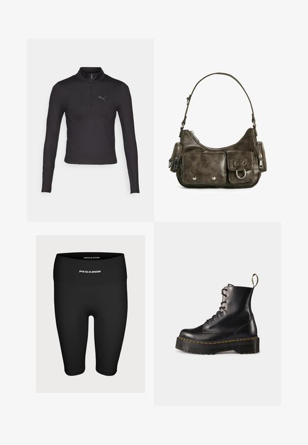Fekete, hosszú ujjú sportfelső magas gallérral és negyed cipzárral. Diszkrét logó található a mellkasán, és testhezálló szabású.; Fekete sportnadrág rugalmas anyagból, magas derékkal, elöl fehér "PEGADOR" logóval.; Fekete bőrből készült, fűzős bokacsizma masszív fekete talppal és sárga varrással. Hátsó húzófüllel és kör alakú fémszemekkel rendelkezik.; Sötétzöld bőr kézitáska ívelt formával, cipzáras zsebekkel és elülső fedélzsebbel. Ezüst hardware-rel és textúrázott felülettel rendelkezik.