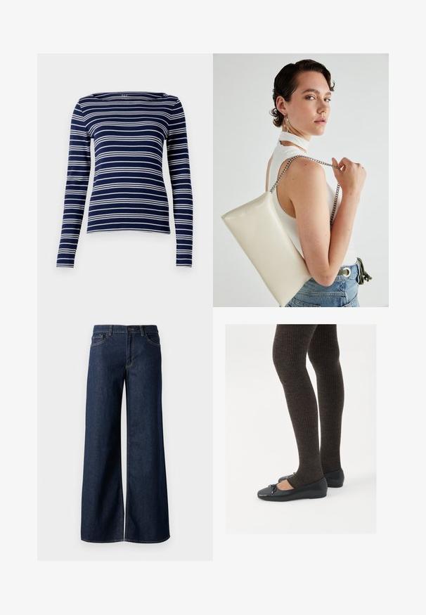 Long-sleeve navy top with white horizontal stripes, boat neckline, and soft, stretchable fabric. Simple, fitted design, minimal detailing.; Wide-leg jeans in dark blue denim. Features contrast stitching, five pockets, and a button closure at the waist. Smooth texture.; Black flat shoes with a small bow detail at the toe, paired with dark brown ribbed tights. Shoes have a smooth texture and low profile.; White rectangular clutch bag made of glossy material, featuring a silver chain strap. Model poses, showcasing the bag against a plain background.