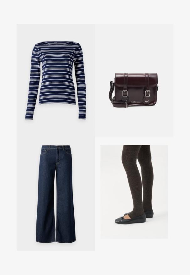 Long-sleeve navy top with white horizontal stripes, boat neckline, and soft, stretchable fabric. Simple, fitted design, minimal detailing.; Wide-leg jeans in dark blue denim. Features contrast stitching, five pockets, and a button closure at the waist. Smooth texture.; Black flat shoes with a small bow detail at the toe, paired with dark brown ribbed tights. Shoes have a smooth texture and low profile.; Burgundy patent leather crossbody bag with a rectangular shape, two straps, silver hardware, and a flap closure.