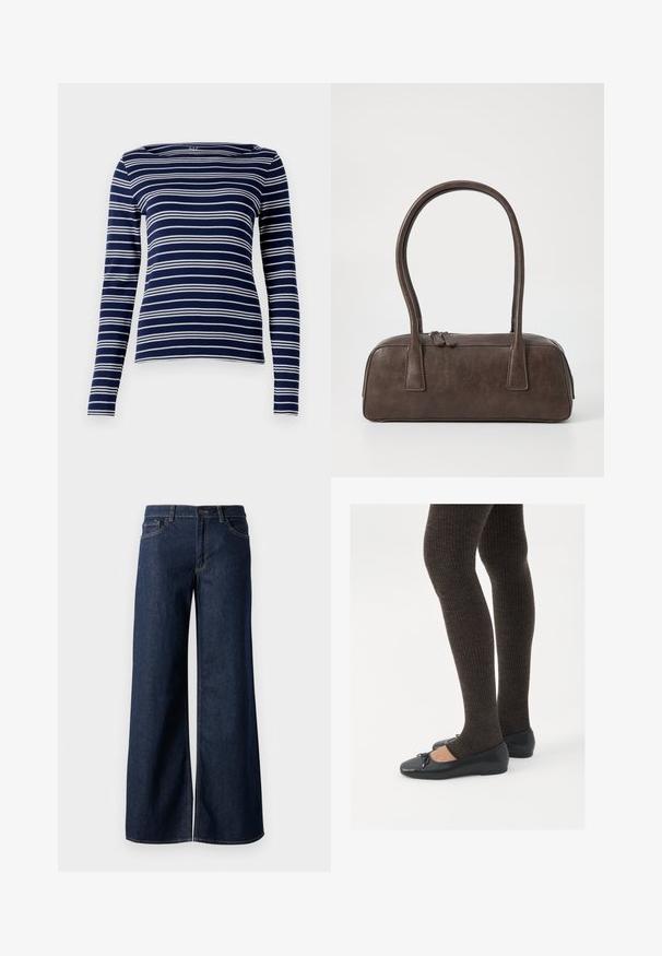 Μπλούζα μακρυμάνικη ναυτικού χρώματος με λευκές οριζόντιες ρίγες, σκάφη λαιμόκοψη και μαλακό, ελαστικό ύφασμα. Απλή, εφαρμοστή σχεδίαση με ελάχιστες λεπτομέρειες.; Φαρδιά τζιν παντελόνια σε σκούρο μπλε τζιν. Διαθέτουν αντίθεση στη ραφή, πέντε τσέπες και κλείσιμο με κουμπί στη μέση. Λείο υλικό.; Μαύρες επίπεδες γυναικείες παπουτσάκια με μια μικρή λεπτομέρεια φιόγκο στην μύτη, συνδυασμένες με σκούρες καφέ ριγέ καλσόν. Τα παπούτσια έχουν λεία υφή και χαμηλό προφίλ.; Καφέ δερμάτινη τσάντα χειρός με δύο ανθεκτικά χερούλια, ορθογώνιο σχήμα, λεία υφή και κλείσιμο με φερμουάρ. Μινιμαλιστικός σχεδιασμός χωρίς ορατά μοτίβα.