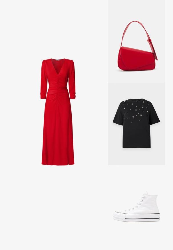 Schwarzes T-Shirt mit kurzen Ärmeln, Rundhalsausschnitt und verstreuten silbernen Verzierungen in floralen Mustern auf der Vorderseite.; Rotes Kleid mit V-Ausschnitt, 3/4-Ärmeln und Raffung an der Taille und am Rücken. Der Stoff wirkt glatt und leicht.; Weiße hochwertige Leinensneaker mit schwarzer Gummisohle, vorderem Gummizehenschutz und sechs Ösen für Schnürsenkel, die ein sauberes, minimalistisches Design aufweisen.; Rote Lederhandtasche mit einem kantigen, geometrischen Design. Verfügt über einen verstellbaren Schulterriemen und einen Klappenverschluss mit genähten Details.