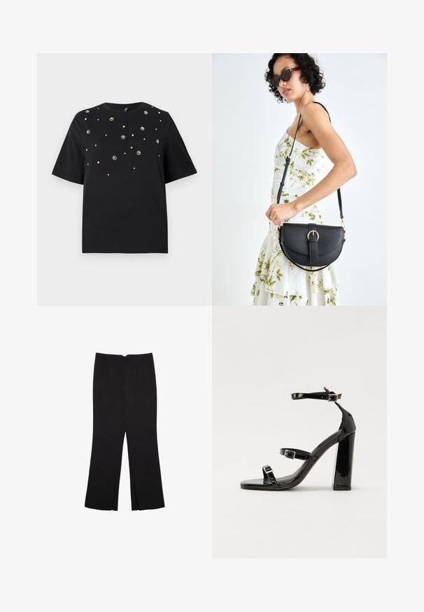 Črna majica s kratkimi rokavi, okroglim izrezom in razpršenimi srebrnimi okraski v cvetličnih vzorcih po sprednji strani.; Črne hlače ravnega kroja z naglavnimi žepi in stranskimi razporki na robu. Narejene iz mehke, gladke tkanine. Primerne za različne priložnosti.; Črne lakirane sandale s peto, kvadratnim prstom, trakovi okrog gležnja in srebrnimi zaponkami. Opremljene so s stabilno Debelo peto.; Črna usnjena torbica s ukrivljeno obliko, z odstranljivo naramnico in zlatimi dodatki. Torbica ima pokrov s podrobnostmi v obliki zaponke.