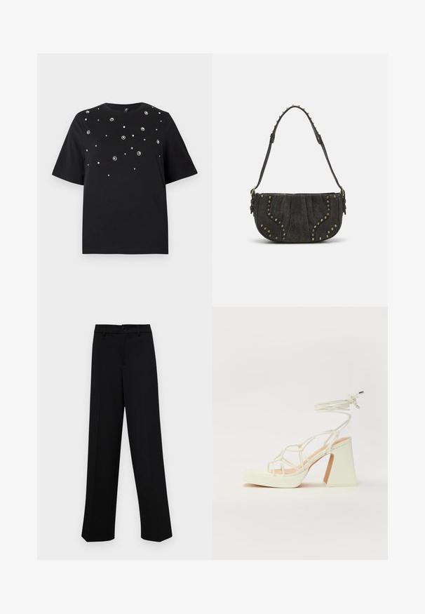 Black t-shirt with short sleeves, round neck, and scattered silver embellishments in floral patterns across the front.; Black wide-leg trousers made of smooth fabric, featuring a classic waistband with a button closure and front pleats.; White high-heeled sandal with a chunky heel, featuring a strappy design and ankle tie. Smooth texture with a platform front for added height.; Black suede handbag with a curved design, featuring rivet accents and a textured surface. Adjustable strap with stud details along the edge.