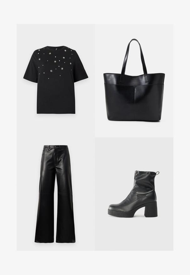 Black t-shirt with short sleeves, round neck, and scattered silver embellishments in floral patterns across the front.; Black high-waist wide-leg faux leather pants with front button, zip closure, belt loops, and side pockets on white background.; Black ankle boots made of smooth leather, featuring a side zipper, chunky textured heel, and rounded toe design.; Black leather tote bag with two long handles, a smooth texture, and a structured shape. Features a front pocket for additional storage.
