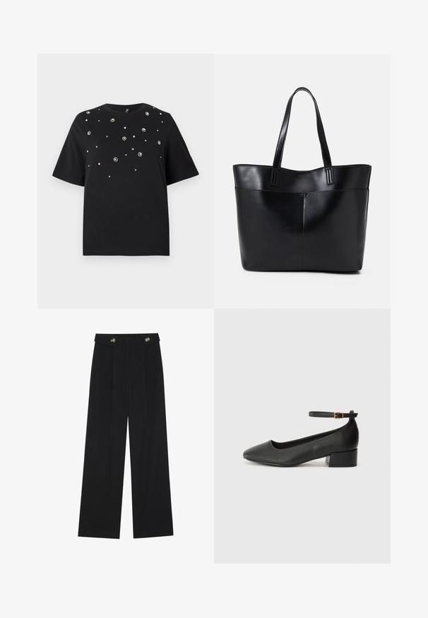 T-shirt preta com mangas curtas, gola redonda e adornos prateados dispersos em padrões florais na parte da frente.; Calças largas pretas com cintura alta, detalhes em botão na cintura e pregas frontais.; Sandal de pele preta com bico pontiagudo e um salto bloco baixo. Apresenta uma tira no tornozelo com uma fivela em tom dourado. Textura suave.; Bolsa tote preta em couro com duas alças longas, textura suave e forma estruturada. Apresenta um bolso frontal para armazenamento adicional.