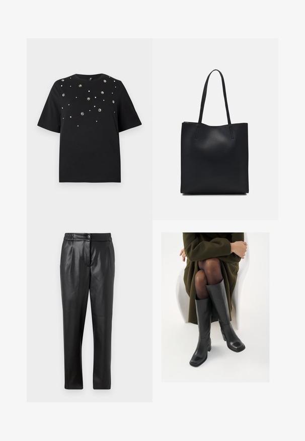 T-shirt nera a maniche corte, colletto tondo e con applicazioni di gioielli argento disposte a forma di fiori sulla parte frontale.; Pantaloni di pelle nera con una texture liscia, vestibilità dritta, cintura elastica e chiusura con bottone frontale; dettagli plissettati e gambe affusolate.; Stivali neri in pelle alti fino al ginocchio con punta squadrata e tacco a blocco, mostrati con un modello seduto in un cappotto verde oliva. Texture liscia, dettagli minimi.; Borsa tote in pelle nera con texture liscia, forma rettangolare e due manici lunghi. Nessun hardware o decorazione visibile.