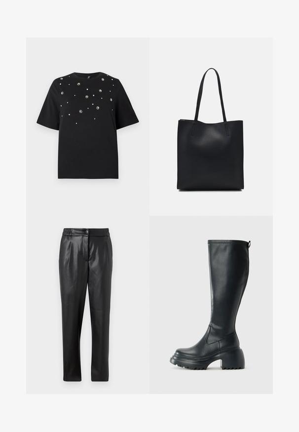 Juodas marškinėliai trumpomis rankovėmis, apvaliu kaklu ir išsibarsčiusiais sidabro akcentais gėlių raštais ant priekinės pusės.; Juodos odinės kelnės su lygiu paviršiumi, tiesiu siluetu, elastinga juosta ir priekyje uždaroma mygtuku; raukiniai ir siaurėjantys kelnių šlaunys.; Ilgas juodos odinės batai su masyvi platforma ir stačiakampiu kulnu, turintys traukimo kilpą ir tekstūruotą pado raštą.; Juodas odinis tote krepšys su lygia tekstūra, stačiakampio formos ir dviem ilgais rankenomis. Matomų metalinių detalių ar puošybos nėra.