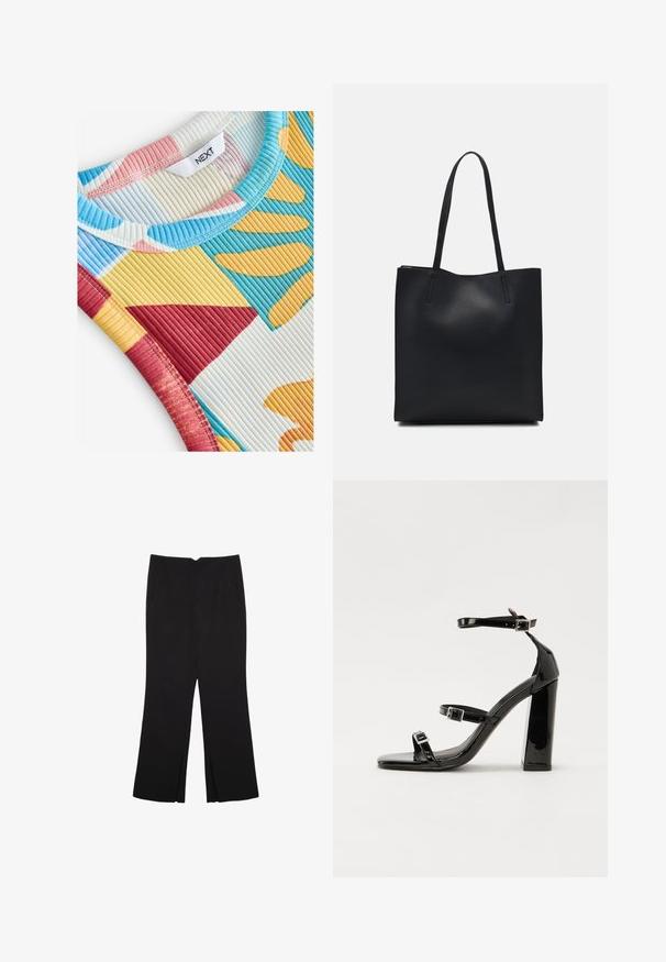 Next REGULAR FIT - RACER TANK SLEEVELESS - Top - blue yellow; Črne hlače ravnega kroja z naglavnimi žepi in stranskimi razporki na robu. Narejene iz mehke, gladke tkanine. Primerne za različne priložnosti.; Črne lakirane sandale s peto, kvadratnim prstom, trakovi okrog gležnja in srebrnimi zaponkami. Opremljene so s stabilno Debelo peto.; Črna usnjena torba s svilnato teksturo, pravokotne oblike in dvema dolgima ročajema. Brez vidnih metalnih delov ali okrasnih elementov.