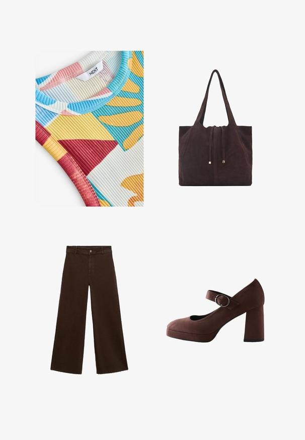 Next REGULAR FIT - RACER TANK SLEEVELESS - Top - blue yellow; Bruine wijde broek in katoenmix, met een rafelige zoom, sluiting met een knoop aan de voorkant en een klassieke vijf-pocketstijl. Minimalistisch en veelzijdig.; Bruine suède Mary Jane-schoen met een ronde neus, brede hak, verstelbare enkelriem en een platform aan de voorkant. Heeft een gladde textuur.; Mango Shopper - dark brown