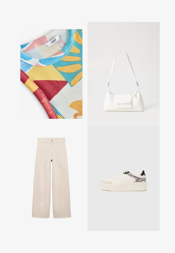 Next REGULAR FIT - RACER TANK SLEEVELESS - Top - blue yellow; Jeans bej cu picioare largi și talie înaltă, cu închidere cu buton, buzunare frontale și tiv desfăcut. Fabricate din material denim.; Even&Odd Sneakers low - white/black; Geantă sintetică albă, cu formă triangulară, capac frontal plat și detaliu cu fundă, curea ajustabilă, textură netedă și design minimalist.