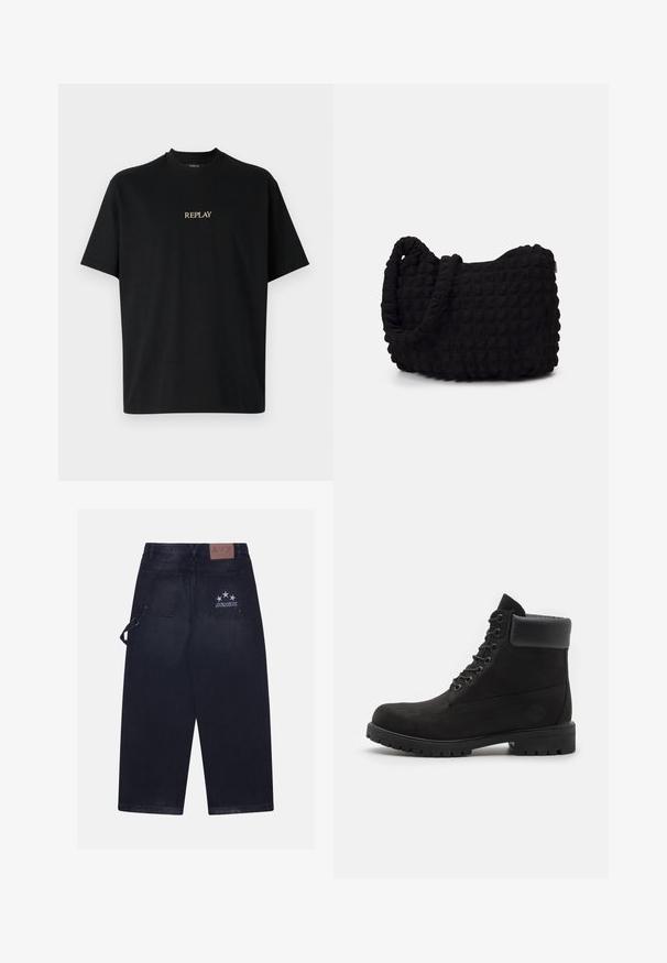 Zwarte T-shirt met korte mouwen van katoen, voorzien van een ronde halslijn en een gouden "REPLAY" logo op de voorkant gedrukt.; Donkerdenim broek met een losse pasvorm. Bevat twee achterzakken, een leren label met logo en een vijf-sterren ontwerp op één zak.; Zwarte enkellaars met vetersluiting, voorzien van een gevoerde kraag en een robuuste zool, weergegeven in profiel tegen een witte achtergrond.; Zwarte stoffen tas met een gestructureerd, gewatteerd patroon. Rondvormig, korte, dikke handvatten en een zachte, flexibele structuur.