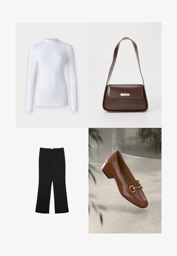 Rosemunde BENITA REGULAR T NECK - Langarmshirt - new white; Schwarze Hose mit geradem Schnitt, ausgestattet mit Fronttaschen und Seitenschlitzen am Saum. Hergestellt aus weichem, glattem Stoff. Geeignet für verschiedene Anlässe.; Braune Lackleder-Loafer mit quadratischer Zehenpartie, metallischem Kettenakzent und niedrigem Blockabsatz; glatte Textur, minimalistisches Design.; Braune Lederschultertasche mit strukturierter Form, ausgestattet mit einem magnetischen Klappenverschluss und einem metallischen Logoakzent auf der Vorderseite.
