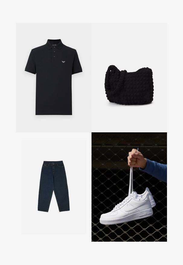 Polo azul-marinho com colarinho clássico, pala com três botões e logótipo bordado no peito. Confeccionado em algodão, com mangas curtas.; Jeans de cintura alta, de cor azul-escura, com um corte descontraído, apresentando cinco bolsos e um fecho em botão. Feitos de denim com uma textura suave.; Sapatilhas de couro branco com perfurações, biqueira redonda, sola plana e atacadores grossos, apresentando um logotipo swoosh visível e "AIR" no calcanhar.; Saco de tecido preto com um padrão texturizado e acolchoado. Forma arredondada, alças curtas e grossas, e uma estrutura macia e flexível.