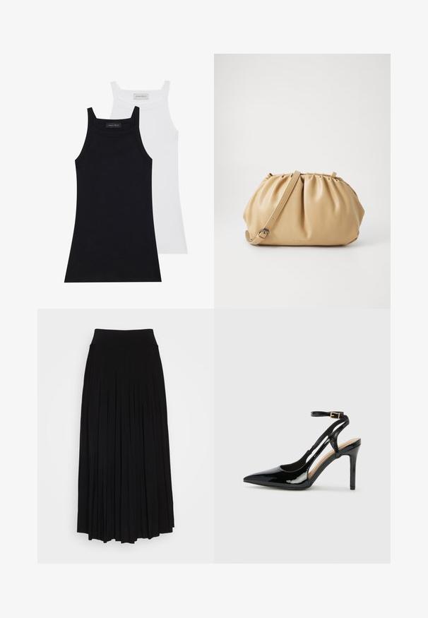 Dvě bezrukávové topy v černé a bílé barvě. Vyrobené z měkké, pružné látky s jemným texturováním a přiléhavým střihem. Mají úzká ramínka.; Černá plisovaná sukně s vysokým, elastickým pasem. Vyrobena z měkké tkaniny, se svislými sklady pro splývavý siluetu.; Černé lakované kožené lodičky na vysokém podpatku s špičatou špičkou, nastavitelným páskem kolem kotníku a otevřenými stranami. Hladká textura.; Kožená taška v tan barvě s plisovaným designem, nastavitelným popruhem a zaobleným tvarem. Minimalistické logo na přední straně.