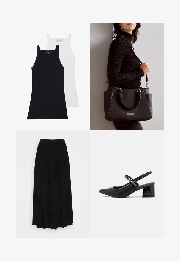 Due top senza maniche in nero e bianco. Realizzati in un morbido tessuto elasticizzato con una texture a costine e un design aderente. Presentano spalline sottili.; Gonna nera plissettata con vita alta e elastica. Realizzata in tessuto morbido, presenta plissettature verticali per una silhouette fluida.; Décolleté in vernice nera con cinturino dietro, punta affusolata, design con ritagli arrotondati e tacco a blocco. Presenta un accento di fibbia tono oro.; Borsa nera con superficie texturizzata, manici superiori doppi e tracolla regolabile. Dotata di hardware color oro e tasche laterali.