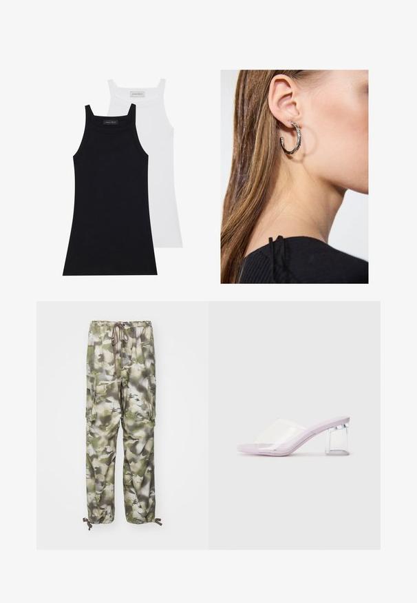 Twee mouwloze tops in zwart en wit. Gemaakt van zachte, rekbare stof met een geribbelde textuur en een getailleerd ontwerp. Heeft smalle bandjes.; Cargo-broek in camouflagepatroon met tinten groen en grijs, elastische tailleband met trekkoord en twee zijzakken.; Lila hakjes met een doorzichtig plastic bovenwerk en een transparante blokhak. Gladde textuur, open teen ontwerp, minimalistische vorm.; Zilveren oorbel met een gepolijste afwerking, met kleine gouden accentdetails en een ronde vorm, gedragen op de oorlel.