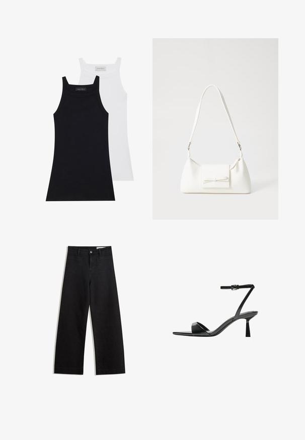 Two sleeveless tops in black and white. Made of soft, stretchy fabric with a ribbed texture and a fitted design. Features narrow straps.; Black wide-leg denim pants with a high waist, featuring front and back pockets, stitched seams, and a button closure. Smooth texture.; Bershka High heeled sandals - black; White synthetic handbag with a triangular shape, flat front flap and bow detail, adjustable strap, smooth texture, and minimalistic design.