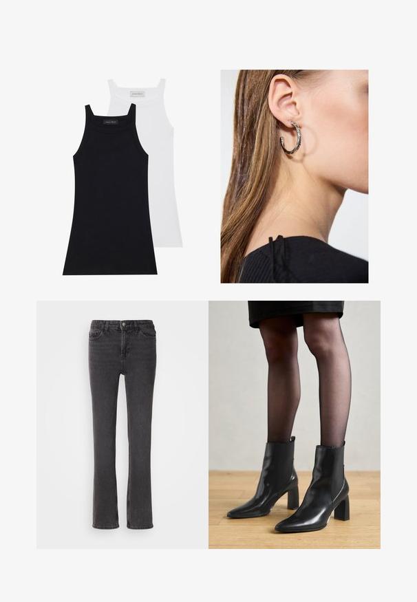 Dve tielka bez rukávov v čiernej a bielej farbe. Vyrobené z jemného, elastického materiálu s rebrovým vzorom a priliehavým strihom. S úzkymi ramienkami.; Čierne džíny z denimu s rovnom strihom, ktoré majú predné vrecká, zips a jemné švy. Tkanina má jemnú textúru.; Čierne kožené členkové topánky s špicatou špičkou, robustný štvorcový opätok a elegantný dizajn. Obsahujú elastické bočné panely pre jednoduché obúvanie.; Strieborná kruhová náušnica s lesklým povrchom, obsahujúca malé zlaté akcenty a okrúhly tvar, nosená na lalôčiku ucha.