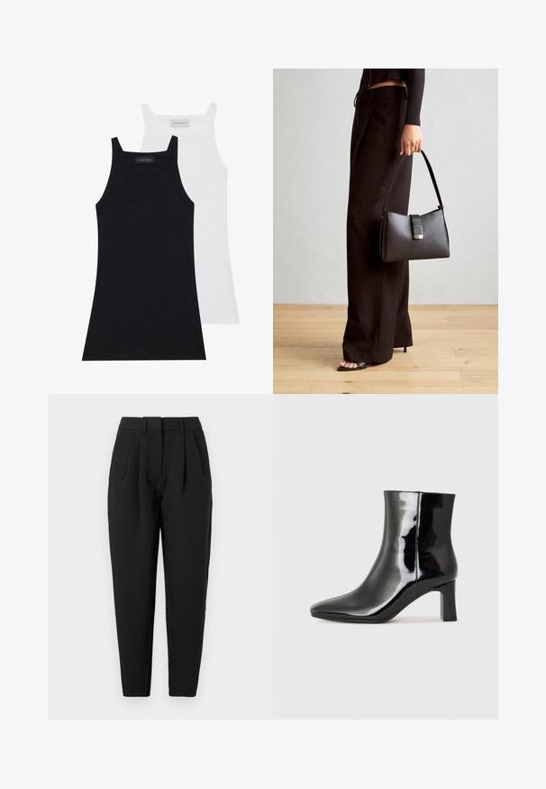 To sove tops i sort og hvid. Lavet af blødt, strækbart stof med en ribbet tekstur og et tætsiddende design. Har smalle stropper.; Sorte bukser med lige pasform, der har præferencer foran, en glat tekstur og sidelommer. Taljen har standardhøjde.; Sort lakeret ankelstøvle med spids tå og en midt-højde blokhæl. Glat tekstur og minimalistisk design.; Sort håndtaske med struktureret form, glat overflade og metalspænde. Sammen med brede sorte bukser og sandaler med åben tå på trægulv.