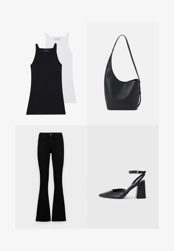 Dwie bezrękawniki w kolorze czarnym i białym. Wykonane z miękkiego, elastycznego materiału o prążkowanej fakturze i dopasowanym kroju. Posiadają cienkie ramiączka.; Czarne, wysokie dżinsy z guzikem i zamkiem błyskawicznym, z przednimi kieszeniami i rozszerzanymi nogawkami, leżące płasko na białym tle.; Czarne skórzane czółenka z ostrym noskiem, z paskiem na kostce i grubym obcasem. Gładka faktura, elegancki design i minimalistyczna estetyka.; Czarna skórzana torba hobo o gładkiej fakturze, zaokrąglonym kształcie i pojedynczym, regulowanym pasku; posiada szerokie otwarcie na górze.