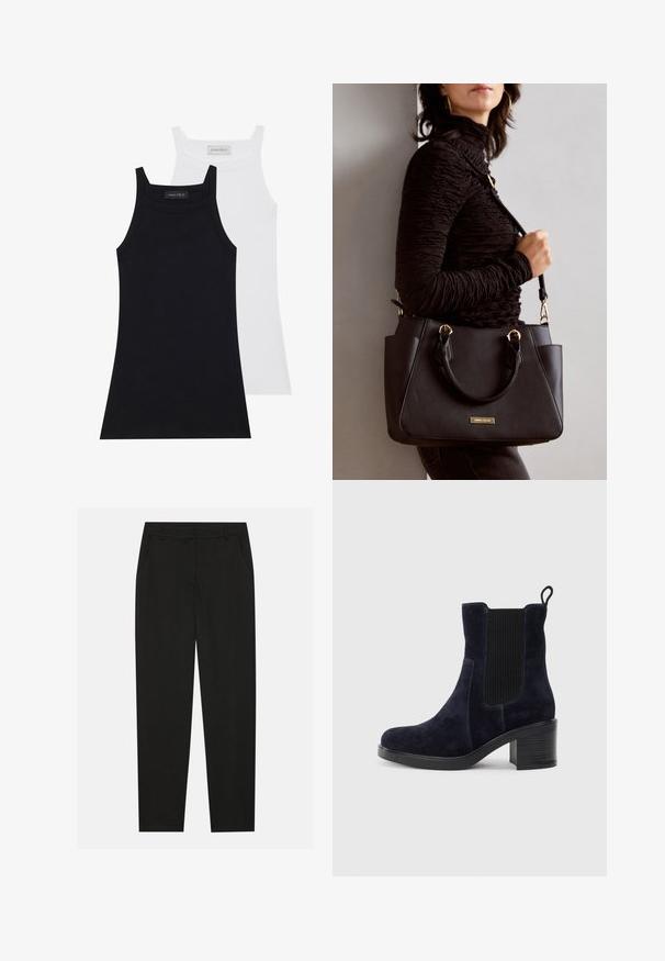 Zwei ärmellose Oberteile in Schwarz und Weiß. Hergestellt aus weichem, dehnbarem Stoff mit ribbeliger Textur und körpernahem Schnitt. Mit schmalen Trägern ausgestattet.; Schwarze Hosen mit taillierter Passform, ausgestattet mit seitlichen Taschen und geradem Bein. Hergestellt aus glattem, leichtem Stoff mit einem eleganten Finish.; Schnürstiefelette aus dunkelblauem Wildleder mit elastischem Seitenpanel, runder Spitze und Blockabsatz. Das strukturierte Material und die glatte Sohle sorgen für Kontrast.; Schwarze Handtasche mit strukturierten Oberflächen, doppelten Obergriffen und verstellbarem Schultergurt. Mit goldfarbener Hardware und Seitentaschen.