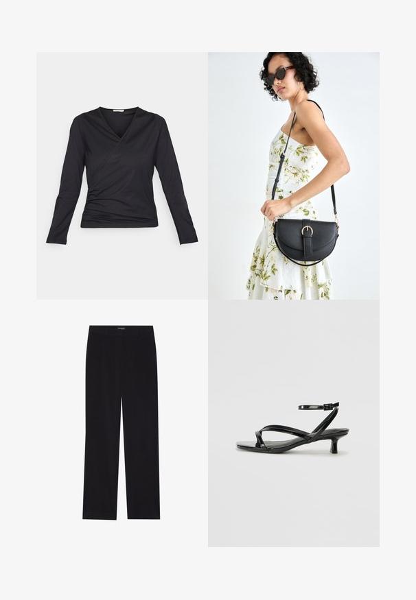 Schwarzes Langarmoberteil aus weichem Material mit Wickeldesign, V-Ausschnitt und gerafftem Detail an der Seite. Glatte Textur.; Schwarze Corduroyhose mit geradem Schnitt, flachem Bund und ohne sichtbare Taschen, glatte Textur und vertikale Rippendetails.; Schwarze Lackleder-Sandale mit niedrigem Absatz, ausgestattet mit überkreuzten Riemen und einem verstellbaren Knöchelriemen. Glatte, glänzende Oberfläche.; Schwarze Lederhandtasche mit geschwungener Form, abnehmbarem Tragegurt und goldenen Beschlägen. Die Tasche verfügt über einen Deckel mit einer Schnallen-Details.