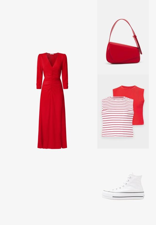 Due magliette a maniche corte: una di colore rosso uniforme e una bianca con righe rosse orizzontali. Entrambe hanno scollature tonde e una morbida texture di cotone.; Vestito rosso con scollatura a V, maniche a tre quarti e dettagli arricciati in vita e sul retro. Il tessuto appare liscio e leggero.; Sneaker alta in tela bianca con suola in gomma nera, punta in gomma frontale e sei asole per i lacci, caratterizzata da un design pulito e minimalista.; Borsa a tracolla in pelle rossa con un design angolare e geometrico. Presenta una singola tracolla regolabile e una chiusura a patta con dettagli cuciti.
