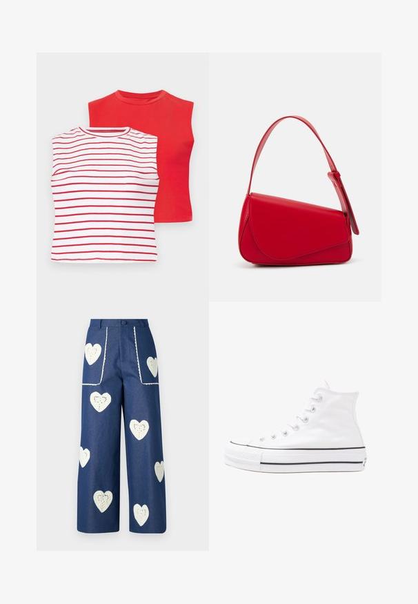 Kaks lühikeste varrukatega pluusi: üks punane ühtlase värviga ja teine valge horisontaalsete punaste triipudega. Mõlemal on ümarad kaelused ja pehme puuvillane tekstuur.; Sister Jane HEART TO HEART - Sirgete säärtega teksad - blue denim; Valge kõrgem kangast tenniseking, millel on must kummist tald, ees kummist varvasetugi ja kuus aukku paelte jaoks, pakkudes puhta ja minimalistliku disaini.; Punane nahast käekott, millel on nurkadega geomeetriline disain. Omab ühte reguleeritavat rihma ja klappidega sulgemist, millel on õmblustega kaunistused.