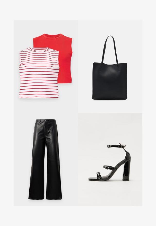 To skjorte med korte ermer: en rød ensfarget og en hvit med horisontale røde striper. Begge har rund halslinning og en myk bomullstekstur.; Sorte høy midje vide ben bukser i imitert skinn med knapp foran, glidelås, beltehemper og sidelommer på hvit bakgrunn.; Svart høyglans sandaler med hæl, firkantet tå, ankelremmer og sølvspenner. Har en kraftig blokkhæl for stabilitet.; Svart lær tote bag med glatt tekstur, rektangulær form og to lange håndtak. Ingen synlige deler eller dekorasjoner.