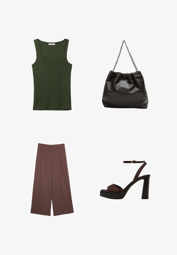 Oliven grøn tanktop i blødt, strækbart stof. Har en rund halsudskæring og brede stropper, med en lige kant forneden. Ingen mønstre eller detaljer.; Brune bredbunde bukser med en glat tekstur, der har høj talje og plisseringer foran. Stoffet er let og falder løst.; Brune ruskinds højhælede sandal med åben tå, justerbar ankelrem og en stribet plade sål.; Brun lædertaske med en rynket top og en kædestrop. Glat tekstur med en blank finish og subtile sømdetaljer på siderne.