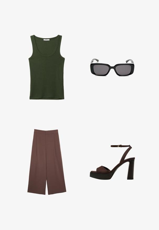 Oljčno zelena majica na bretele iz mehkega, raztegljivega blaga. Ima okroglo vratno izreznico in široke naramnice ter ravno rob na dnu. Brez vzorcev ali dodatkov.; Rjave široke hlače z gladko teksturo, ki imajo visok pas in sprednje naborke. Tkanina je lahka in prosto pada.; Rjave semiš sandale z visoko peto, odprto spredaj, z nastavljivim gležnjenjem in črtastim podplatom.; Črne pravokotne sončne očala z temnimi lečami, gladkim plastičnim okvirjem in ukrivljenimi nogicami. Oblika je robustna in minimalistična.
