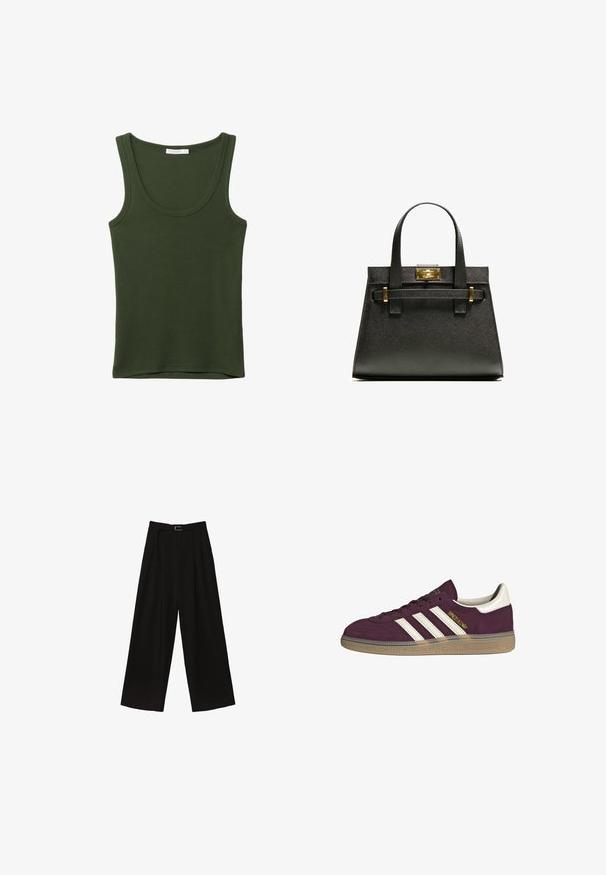 Olivově zelené tílko z měkké, elastické látky. Má kulatý výstřih a široká ramínka, s rovným lemem na spodní části. Bez vzorů nebo akcentů.; Černé široké kalhoty s vysokým pasem, s páskem v pase a sklady pro texturu. Vyrobeno z hladké, lehké tkaniny.; Bordové semišové tenisky s bílými třemi pruhy a béžovými akcenty. Mají texturovanou gumovou podrážku a zlaté logo na boku.; Černá strukturovaná kabelka s texturou a krátkými uchy, se zlatým zapínáním a akcenty. Design má geometrickou siluetu.