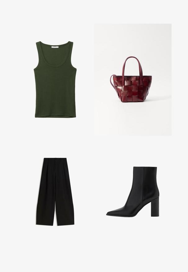 Olivegrünes Tanktop aus weichem, elastischem Stoff. Verfügt über einen runden Ausschnitt und breite Träger, mit einem geraden Saum am unteren Ende. Keine Muster oder Akzente.; Schwarze weite Hosen aus glattem Stoff, mit hoher Taille, Falten an der Vorderseite und ohne sichtbare Verzierungen oder Muster.; Schwarze Leder-Ankle Boots mit spitzem Zehenbereich, quadratischem Absatz, glatter Textur und Nähten entlang der Nähte. Die Absätze messen ungefähr 8,9 cm.; Geflochtene bordeauxfarbene Lederhandtasche mit zwei kurzen Griffen und einem abnehmbaren Schultergurt. Sie hat eine strukturierte Form und eine glatte Textur.