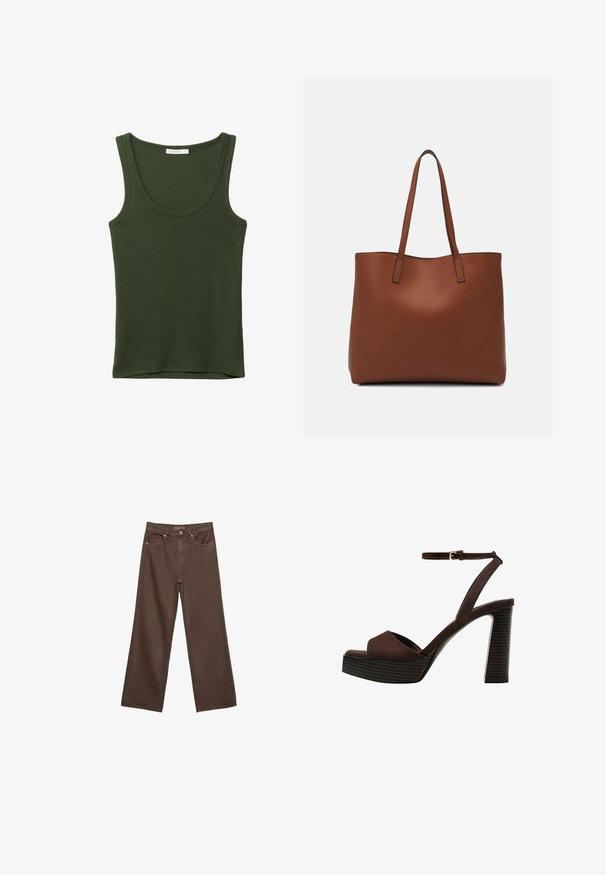 Oliivivihreä toppi pehmeästä, joustavasta kankaasta. Siinä on pyöreä pääntie ja leveät hihnat, sekä suora helma alhaalla. Ei kuvioita tai yksityiskohtia.; Leviittävät ruskeat farkut, jotka on valmistettu denimistä, korkea vyötärö, etutaskut ja klassinen nappikiinnitys. Silkkinen pinta hienovaraisella ompelutyöllä.; Ruske kožne sandale s visokom potpeticom, otvorenim prstima, podesivim kopčanjem oko gležnja i prugastim platformskim đonom.; Ruskea nahkainen olkalaukku, jossa on sileä pinta, avoin yläosa ja kaksi olkahihnaa. Omaavat vain minimaalisen ompelun eikä näkyvää metalliosaa.