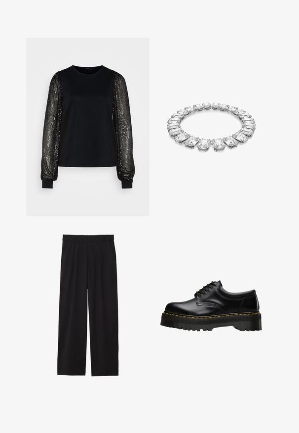 Mustaga lühikeste varrukatega pehme kanga top, millel on pikad sädelevaid varrukad, millel on vertikaalsed jooned ja kitsad mansetid.; Mustad laiad püksid pleediga esiosas, küljetaskud ja sile kangas. Disainitud mugavaks istuvuseks.; Mustan nahast lace-up kingad, millel on paks, sakiline must kummitald ja kollane õmblus ääres, millel on sile viimistlus.; Ümmargune kaelakee, kus vahelduvad ruudukujulised selged kivid, mis on paigutatud poleeritud hõbedasse metalli. Kujundus esitleb ühtlast ja sümmeetrilist paigutust.