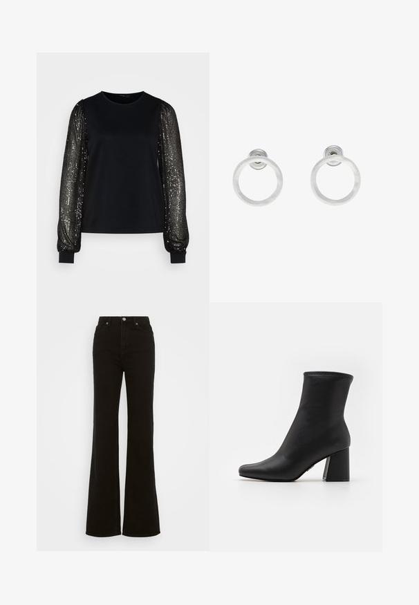 Černý top s krátkým rukávem z měkké látky, který má dlouhé rukávy pokryté flitry s vertikálními pruhy a úzkými manžetami.; Černé riflové džíny se zvýšeným pasem a rozšířenými nohavicemi, vyrobené z denimu, s knoflíkovým zapínáním, bočními kapsami a hladkým povrchem.; Černé kotníkové boty vyrobené z hladké kůže s špičatou špičkou a silným, obdélníkovým podpatkem. Vyznačují se prošitým horním okrajem pro přidaný detail.; Stříbrné kovové kruhové náušnice s broušenou texturní úpravou, s kulatým designem a průhledným záznamem pro bezpečné nošení.