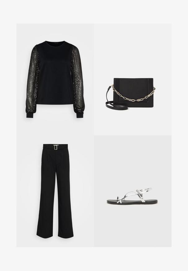 Black top with short sleeves in soft fabric, featuring long sequined sleeves with vertical lines and fitted cuffs.; Black wide-leg trousers made of lightweight fabric, featuring a smooth texture, front pleats, and a belt with a square metal buckle.; Silver metallic sandals with a minimal design, featuring thin straps and a black flat sole. Highlights include cross strap accents.; Black leather crossbody bag featuring a smooth texture, rectangular shape, and a metallic chain detail on the front. Adjustable strap included.