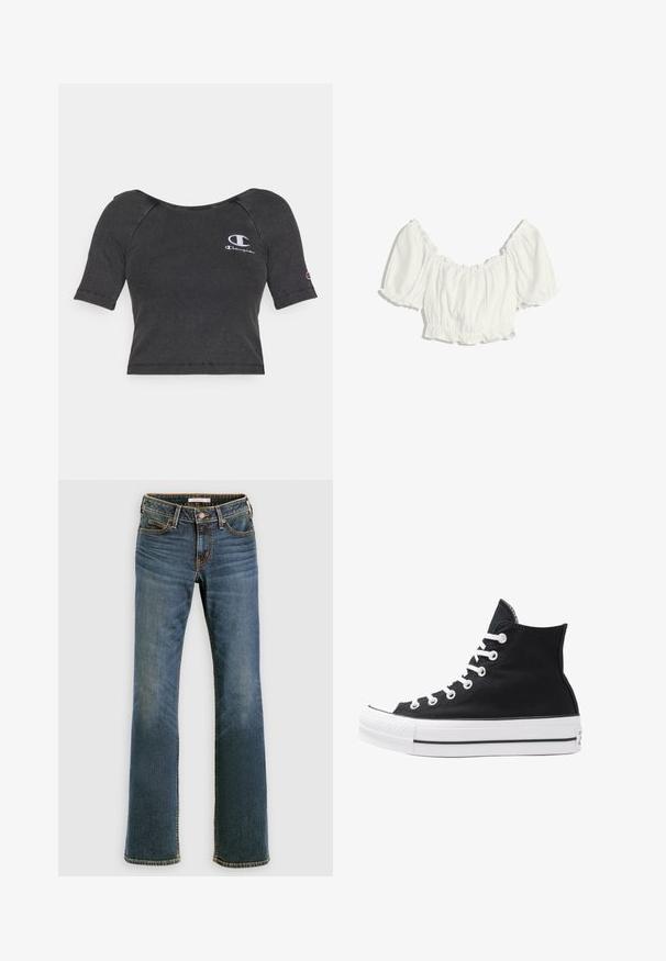 Tricou scurt, de culoare neagră, cu maneci scurte și cu o croială scurtă, având un gât rotund și un logo brodat alb pe partea stângă a pieptului și pe manșon.; Bluză albă scurtă, cu mâneci scurte și umflate, guler elastic cu volane, talie și manșete elasticizate.; Jeans bootcut din denim albastru, cu buzunare frontale și din spate, închidere cu buton și fermoar, și detalii subtile de decolorare pe coapse și genunchi.; Tenisi negri înalți din pânză, cu ochiuri și sireturi albe, precum și talpă din cauciuc. Dispune de un capac texturat pentru degetul mare și accente în dungi alb-negru.