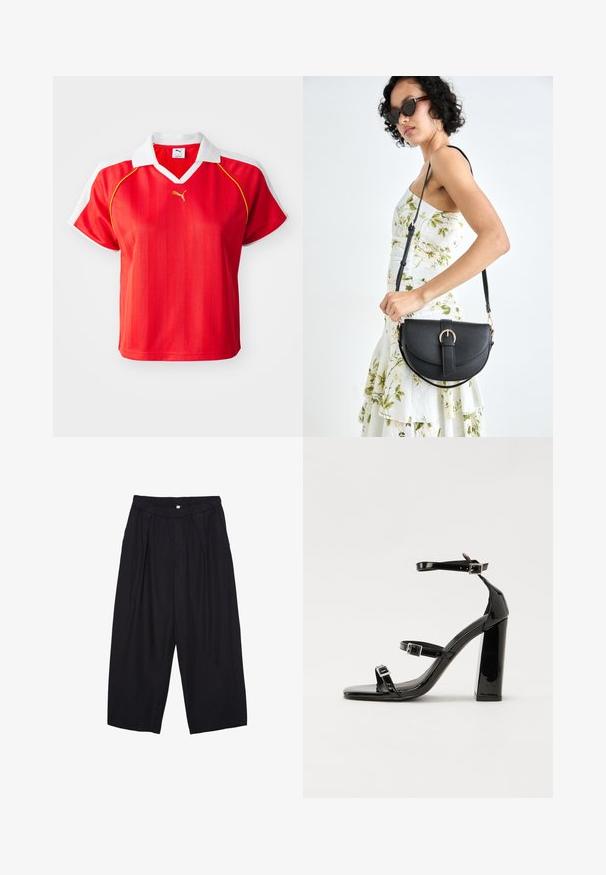 Červená športová polo tričko s bielym golierom a rukávmi, s vertikálnymi prúžkami a malým zlatým logom na prednej strane. Ľahký materiál.; Čierne polyesterové culotte nohavice s elastickým pásom, dvoma prednými záhybmi a voľným strihom. Žiadne viditeľné vzory ani detaily z kovu.; Čierne lakované sandále na podpätku so štvorcovou špičkou, navlečenými remienkami okolo členku a striebornými prackami. Disponujú masívnym blokovým podpätkom pre stabilitu.; Čierna kožená kabelka s zaobleným tvarom, odnímateľným popruhom a zlatými doplnkami. Kabelka má klopu s detailom s prackou.