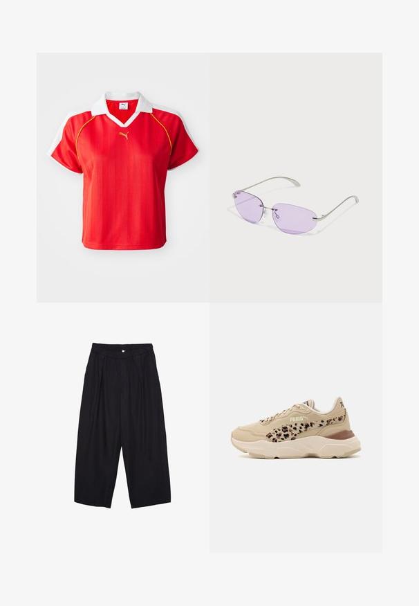 Polo shirt sportivo rosso con colletto e maniche bianche, caratterizzato da righe verticali e un piccolo logo dorato sul davanti. Materiale leggero.; Pantaloni culotte neri in poliestere con una cintura elastica, due pieghe frontali e una silhouette ampia. Nessun motivo visibile o dettagli in metallo.; Sneaker beige con una toma superiore testurizzata, con un design a stampa leopardata sul lato, colletto imbottito e suola spessa bianca.; Occhiali da sole con lenti ovali viola, montatura in metallo e aste sottili. Naselli trasparenti e branding discreto sull'asta.