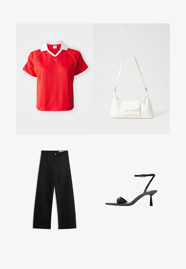 Rode sportieve polo shirt met witte kraag en mouwen, voorzien van verticale strepen en een klein gouden logo op de voorkant. Lichtgewicht materiaal.; Zwarte denim broek met wijde pijpen en een hoge taille, voorzien van voor- en achterzakken, gestikte naden en een knoopsluiting. Gladde textuur.; Bershka Sandalen met hoge hak - black; Witte synthetische handtas met een driehoekige vorm, platte voorklep en strikdetail, verstelbare schouderriem, gladde textuur en minimalistisch ontwerp.