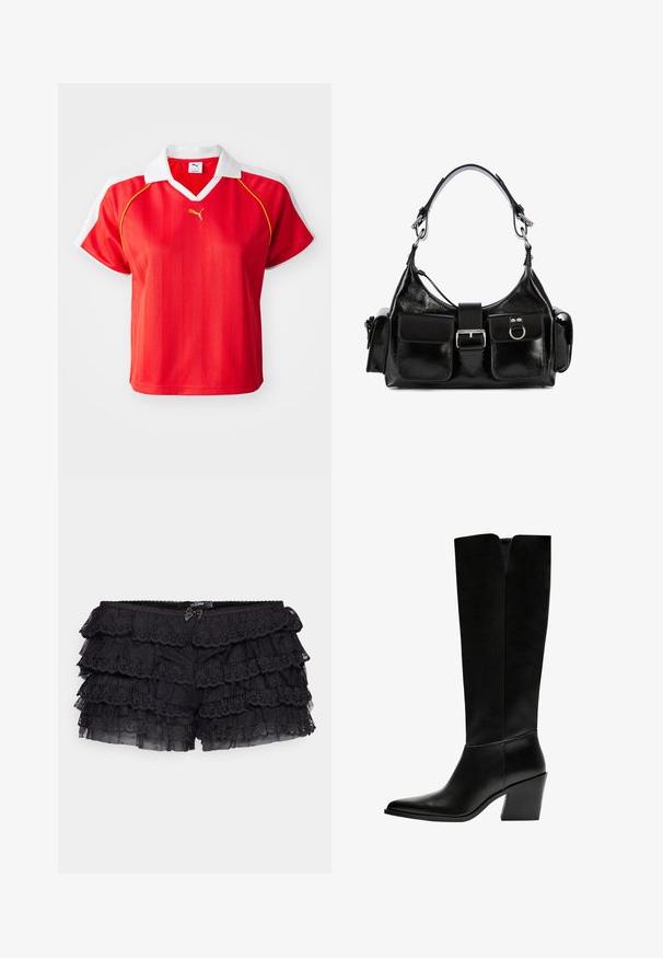 Polo roșu sport cu guler și mâneci albe, având dungi verticale și un mic logo auriu pe față. Material ușor.; Jaded London BLOOMER SHORTS - Pantaloni scurți - black; Cizme negre până la genunchi, fabricate din piele netedă, cu vârf ascuțit, toc pătrat și o decupare în formă de V în partea de sus.; Geantă de mână din piele neagră cu un finisaj lucios, având un bănuț central, două buzunare frontale și o curea scurtă pentru umăr.