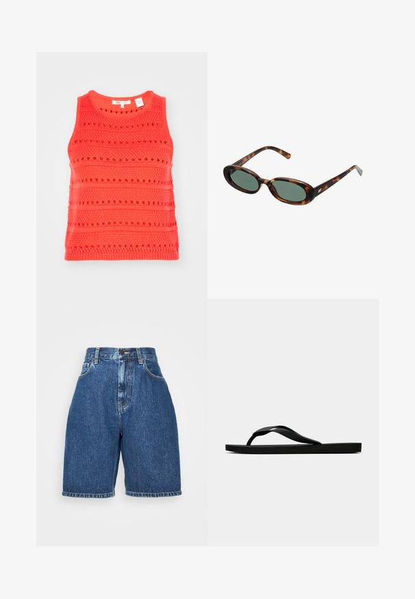 Top de alças coral com um padrão de malha texturizada, apresentando riscas horizontais e detalhes em trabalho aberto, decote redondo e design sem mangas.; Calções de ganga de cintura alta, na cor azul escuro. Apresenta um estilo clássico de cinco bolsos, corte reto e bainha dobrada. Material em algodão.; Chinelo de borracha preta com uma tira texturada e sola plana simples, mostrado de lado num fundo claro.; Óculos de sol de tartaruga com armações ovais e lentes verdes. Caracterizam-se por hastes finas com um destaque metálico perto das dobradiças.