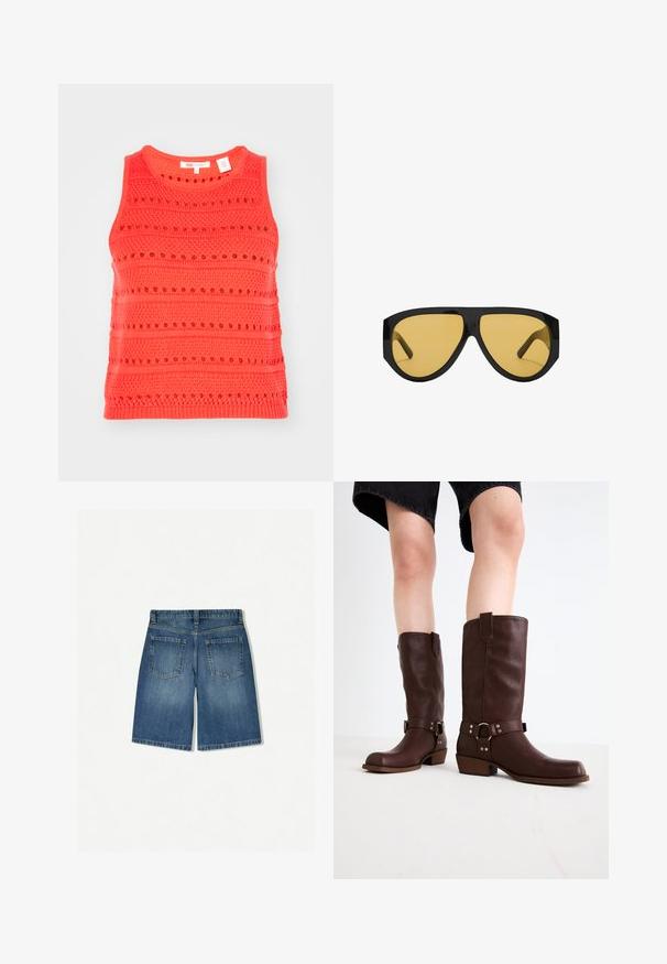 Korala top z brezrokavnim dizajnom in teksturirano pleteno vzorcem, ki vključuje vodoravne črte in odprte detajle, okroglim izrezom.; Jeans kratke hlače v srednji modri barvi z ohlapnim krojem, ki imajo dve zadnji žepni in čisto, ravno rob. Klasična pet-žepna zasnova.; Rjave usnjene čizme do kolen s zaobljenim nosom, teksturirano površino, trakovi okoli gležnja in srebrni detajli; zasnovane s steknjenim peto.; Sončna očala s sleek črnim plastičnim okvirjem in rumenimi lečami, z izrazito kotno obliko in širokimi templji za dodatno zaščito.