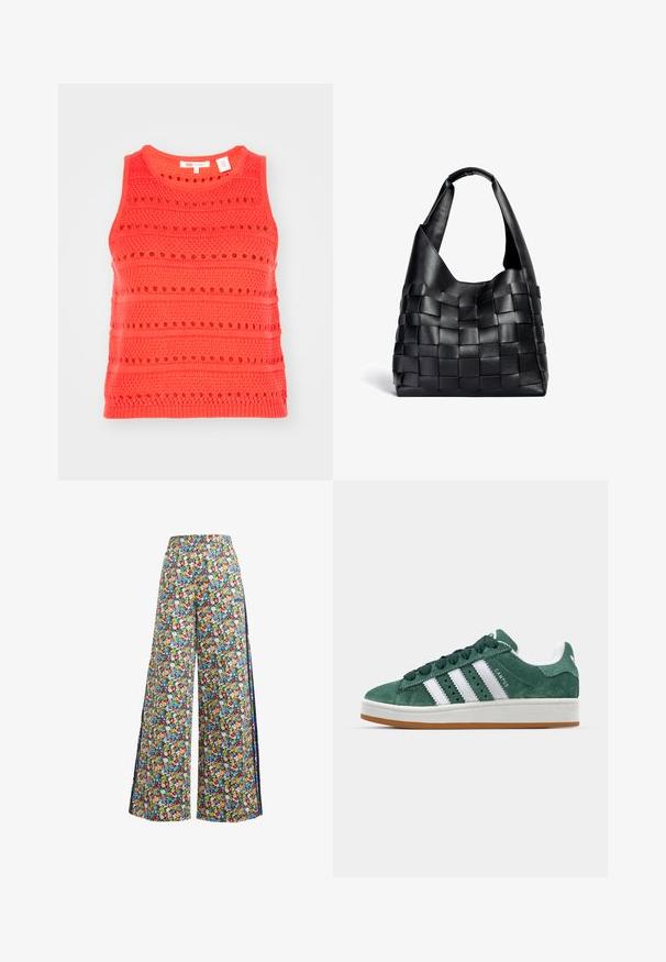 Korall színű, textúrált kötött mintájú ujjatlan top, vízszintes csíkokkal és nyitott mintázattal, kerek nyakkivágással.; Széles lábú, virágmintás nadrág kék háttérrel, élénk piros, sárga és kék virágmintával, rugalmas derékkal.; Zöld nubuk sportcipő fehér bőr csíkokkal, gumitalppal, párnázott nyakkal és minimalista dizájnnal. Oldalán márkázással.; Fekete bőrből készült szőtt válltáska laza formával és széles vállpánttal. Jellemzője a texturált, összefonódott minta sima felülettel.