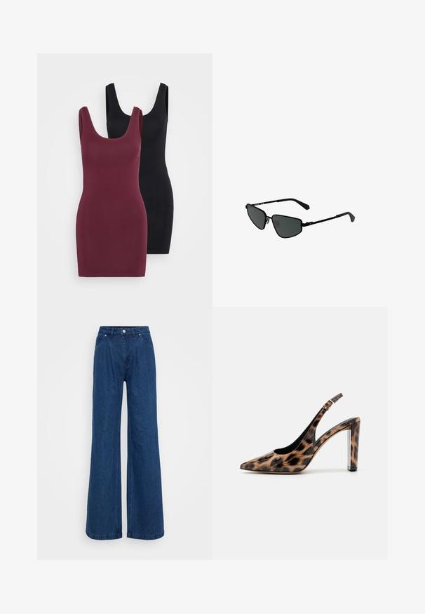 Dvoje těsně přiléhajících šatů: jedny v burgundské barvě a jedny černé, obě vyrobené z hladkého materiálu s širokými ramínky a kulatým výstřihem.; Široké modré džínové kalhoty s vysokým pasem, zapínáním na knoflík a zip, a předními a zadními kapsami na jednobarevném pozadí.; Sandalové lodičky s leopardím potiskem, špičatou špičkou a průhledným blokovým podpatkem. Vyrobené z lesklého materiálu s hladkým povrchem.; Černé sluneční brýle s ostrými rámečky a tmavými skly. Mají tenké, rovné postranní ramena a nosníky pro bezpečné uchycení.